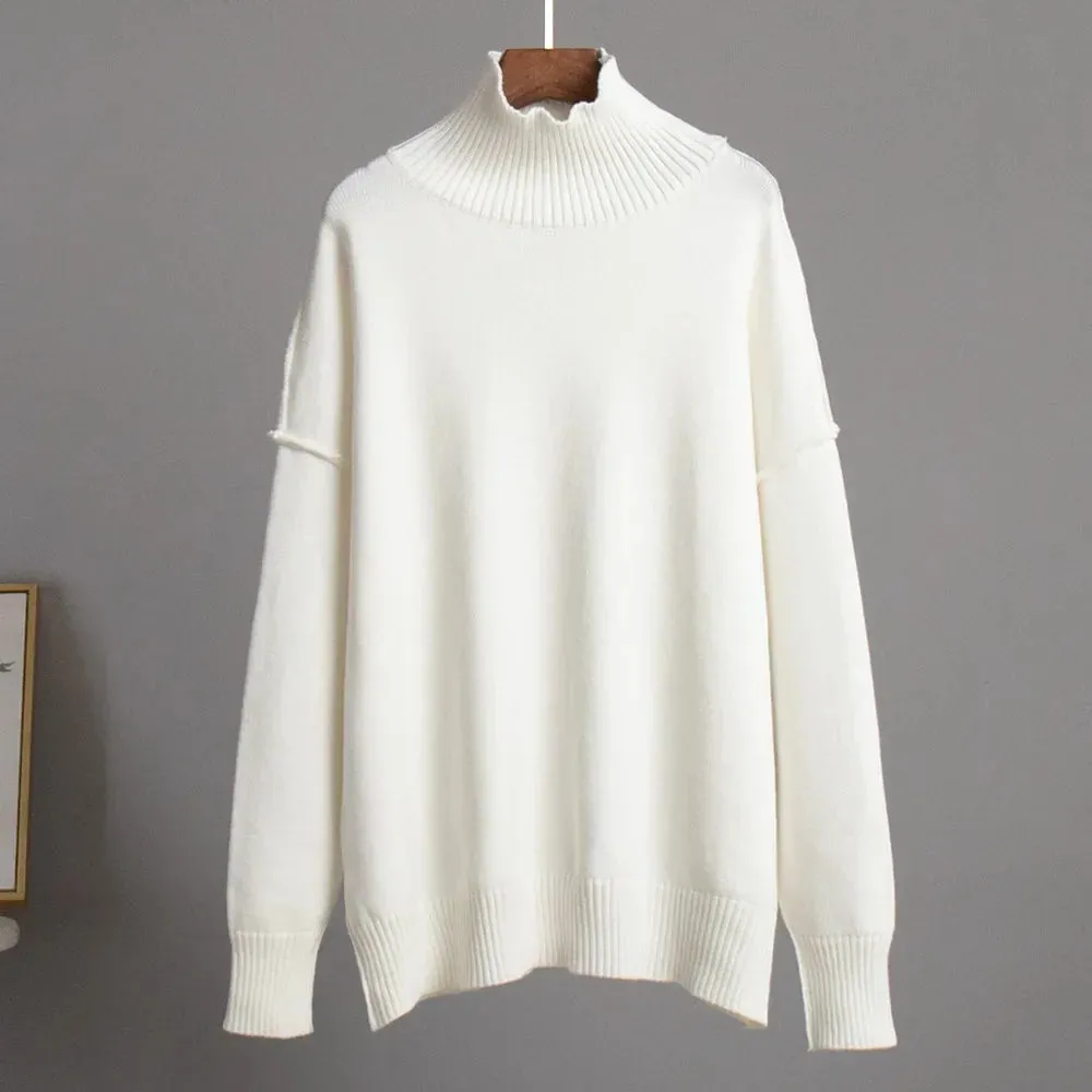 Elegant Solid Turtleneck Knitted Women Casual Long Sleeve Loose Thick Warm Sweater