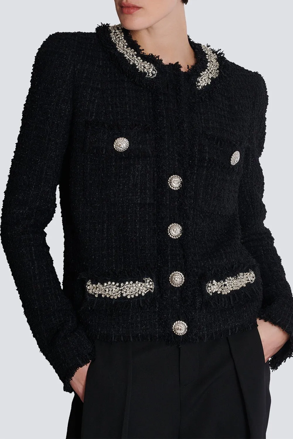 Embellished Collarless Side To Side Jacket