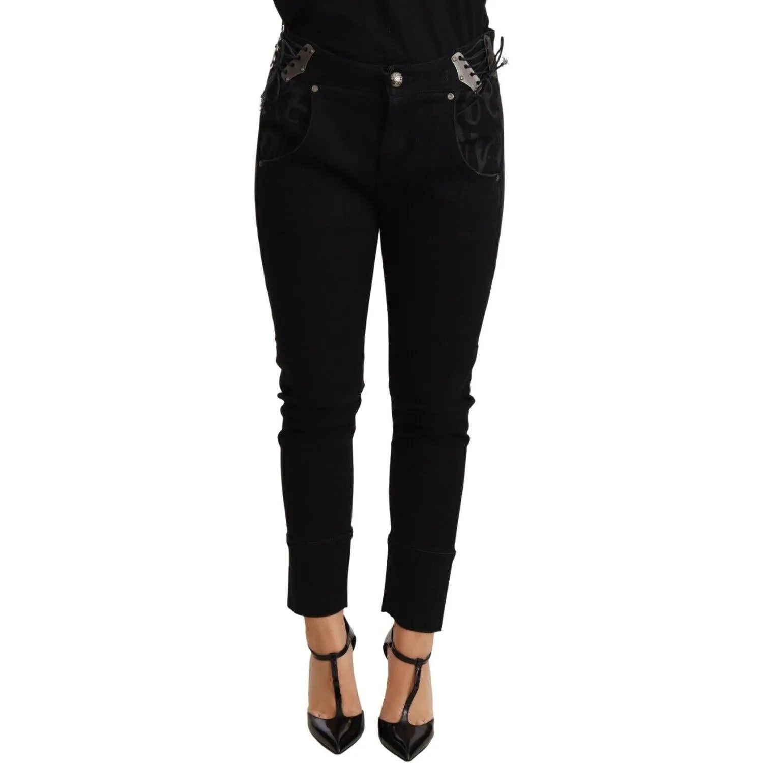 Ermanno Scervino Chic Low Waist Skinny Black Cotton Trousers