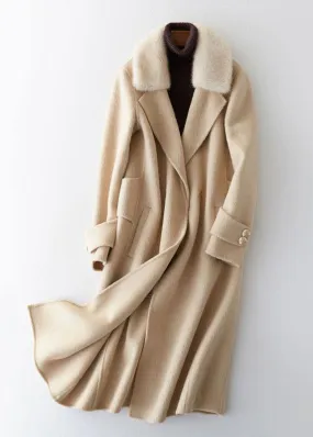 Fashion beige woolen outwear oversized long coats fur collar woolen outwear Notched