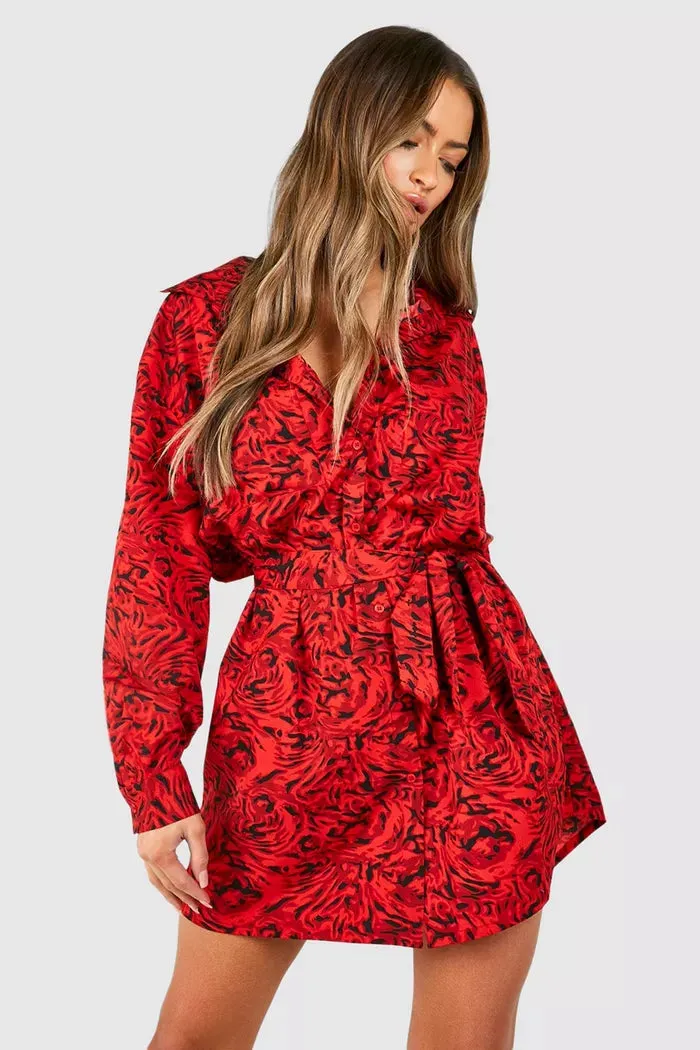 Floral batwing belted shirt dress in red