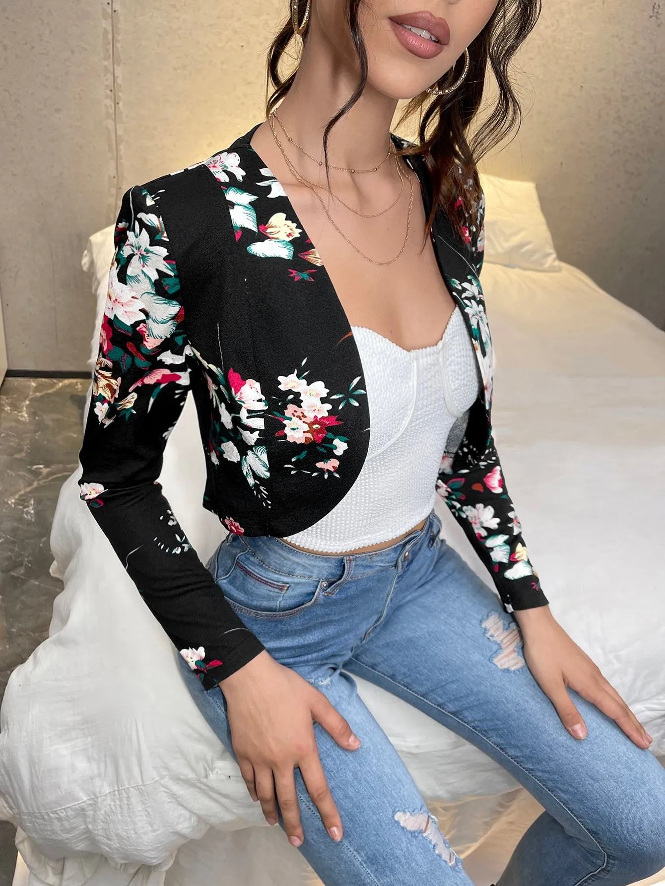 Floral Print Open Front Crop Blazer