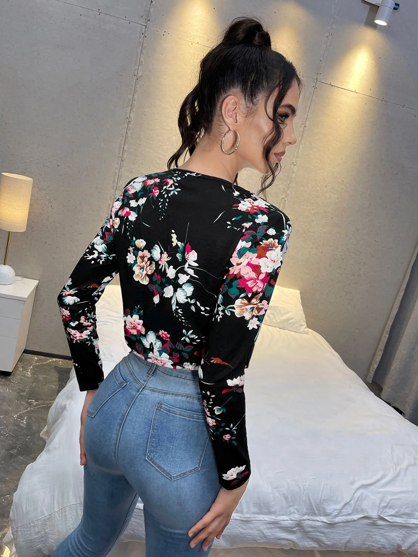 Floral Print Open Front Crop Blazer