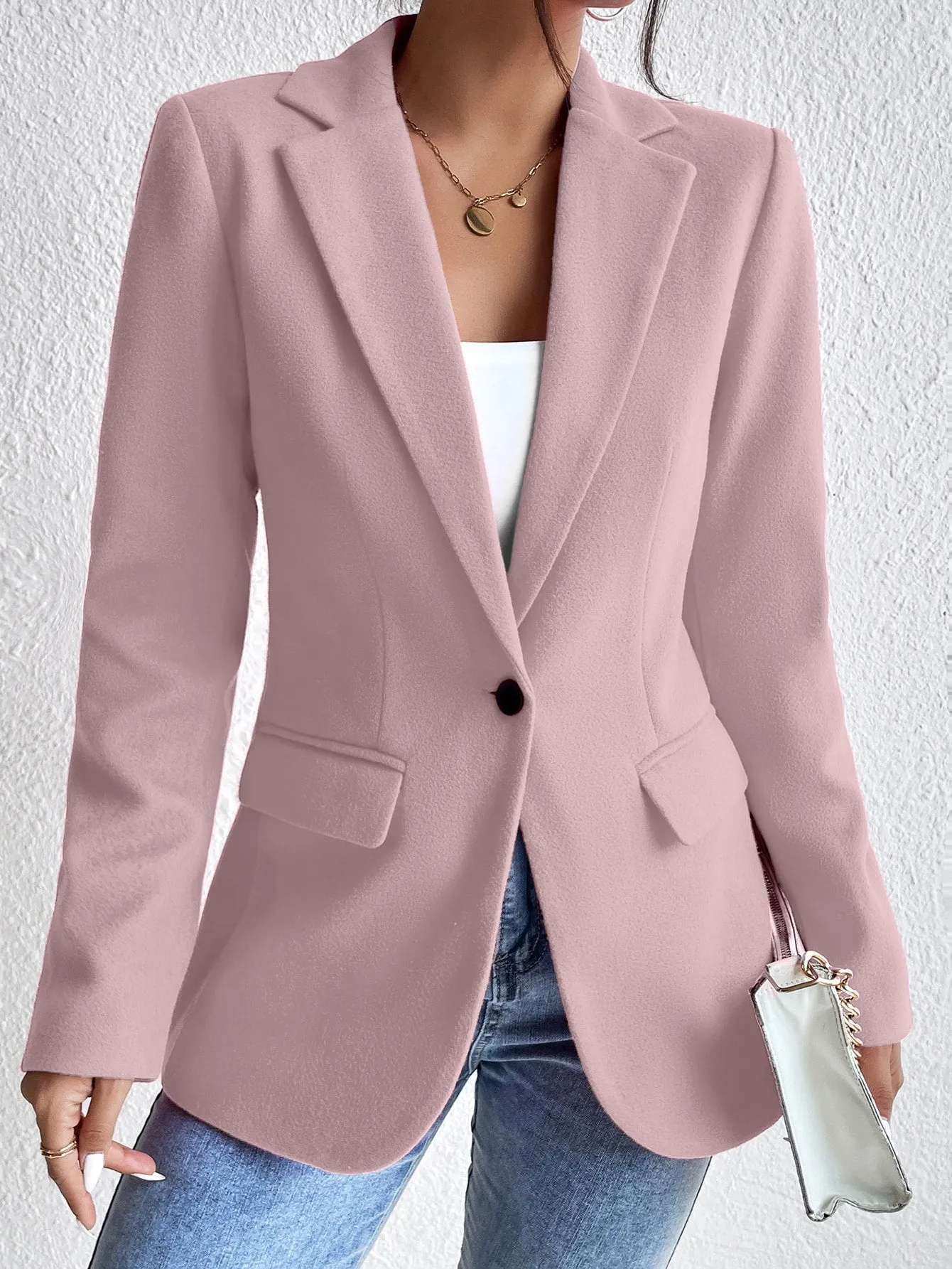 Frenchy Lapel Collar Flap Detail Single Button Blazer