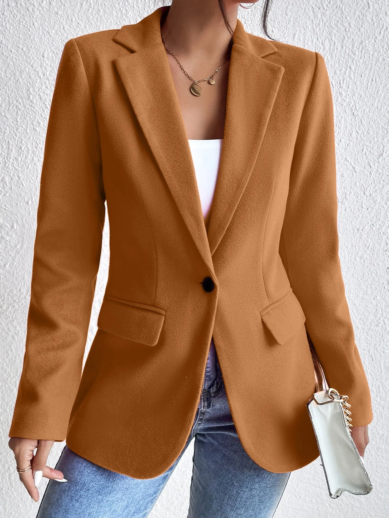 Frenchy Lapel Collar Flap Detail Single Button Blazer