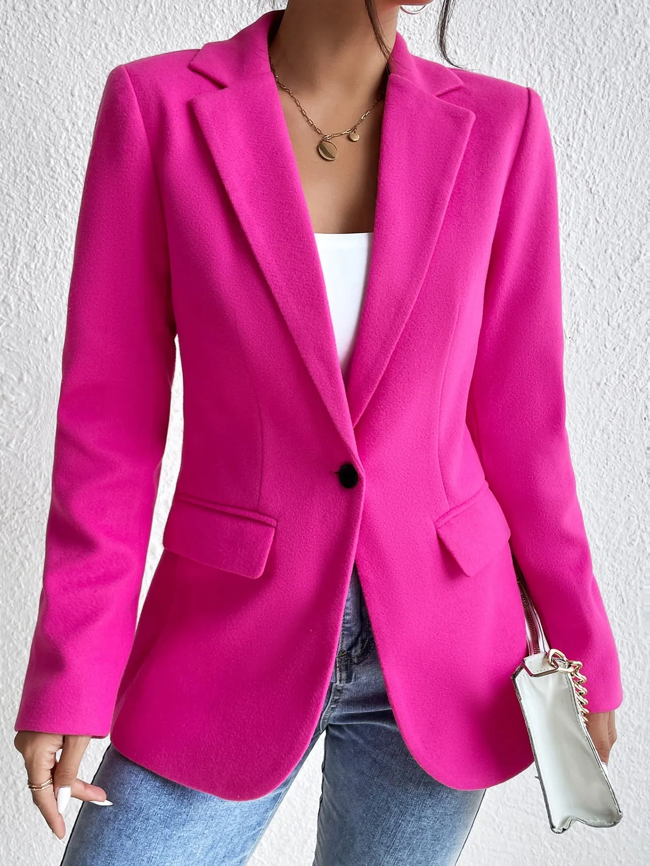 Frenchy Lapel Collar Flap Detail Single Button Blazer