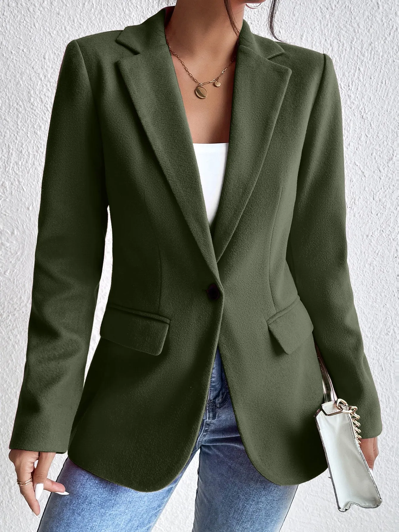 Frenchy Lapel Collar Flap Detail Single Button Blazer