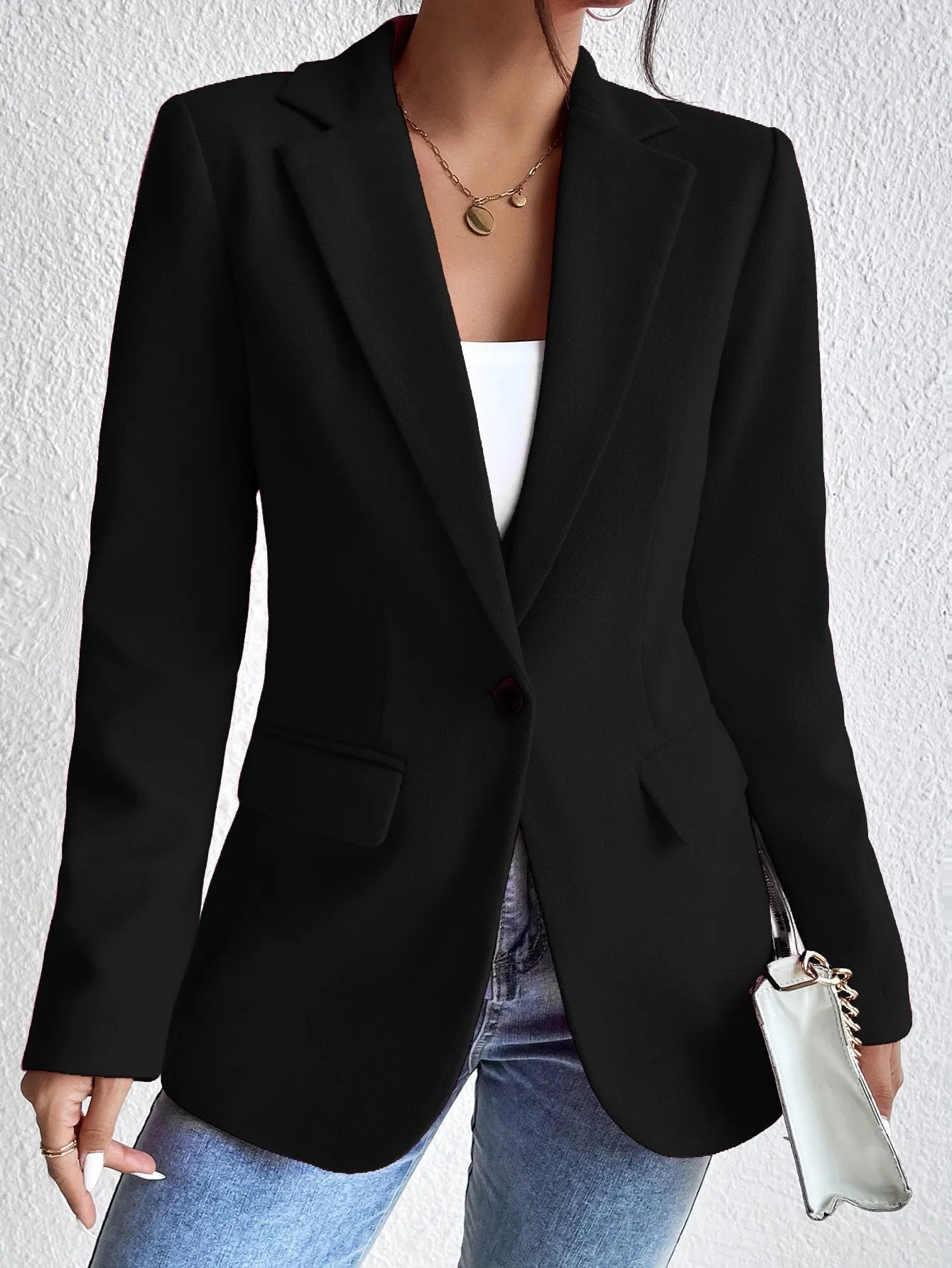 Frenchy Lapel Collar Flap Detail Single Button Blazer