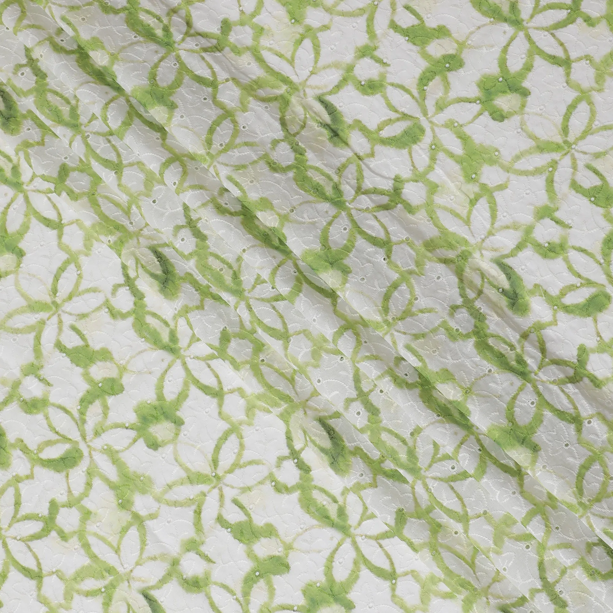 Fresh Green Geometric blended Cotton Lawn Fabric with Embroidery - 110 cm Wide - D19597