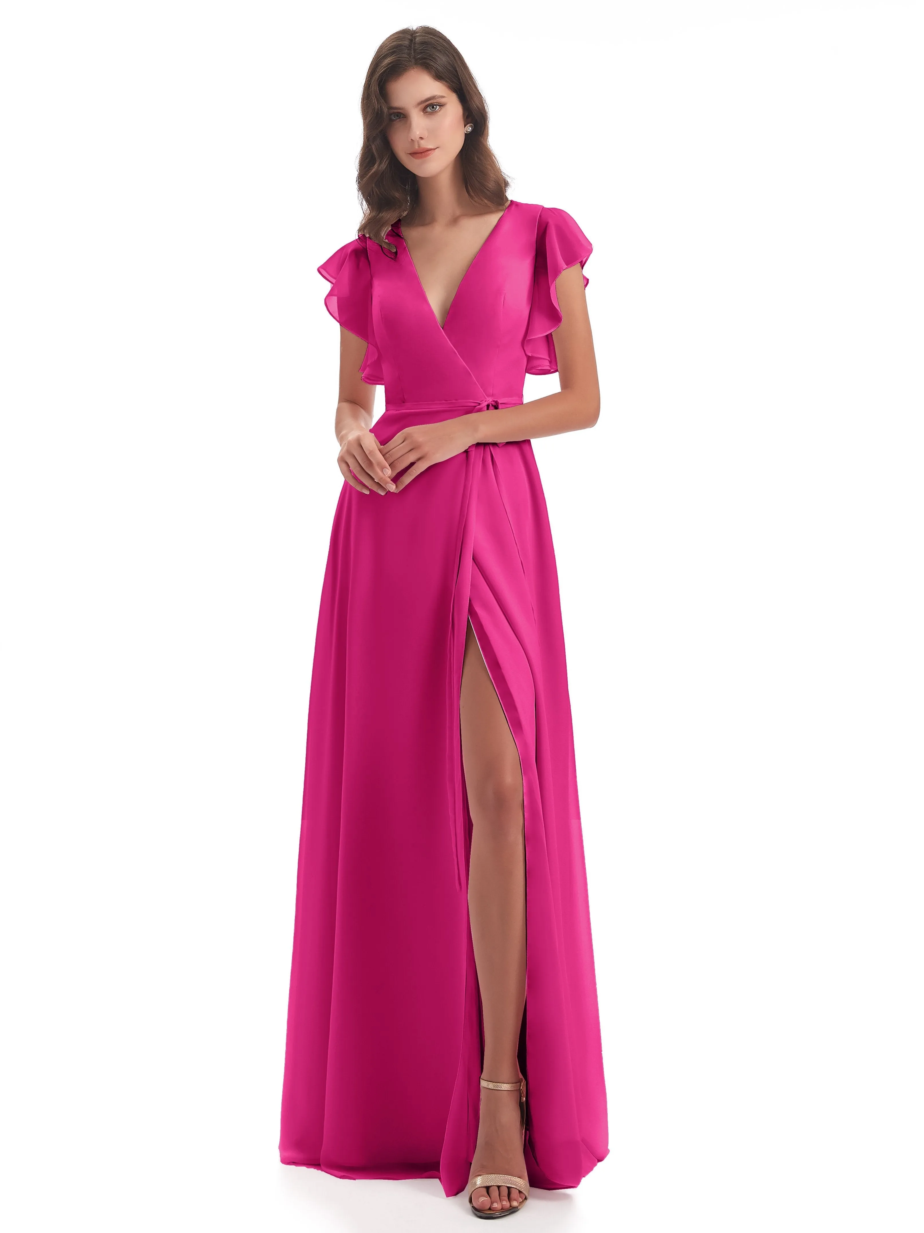 Fuchsia Dress Bridesmaid Hope Charming V Neck Long Chiffon Bridesmaid Dresses