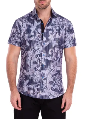 Greek Key Print Iridescent Metallic Navy Short Sleeve Dress Shirt