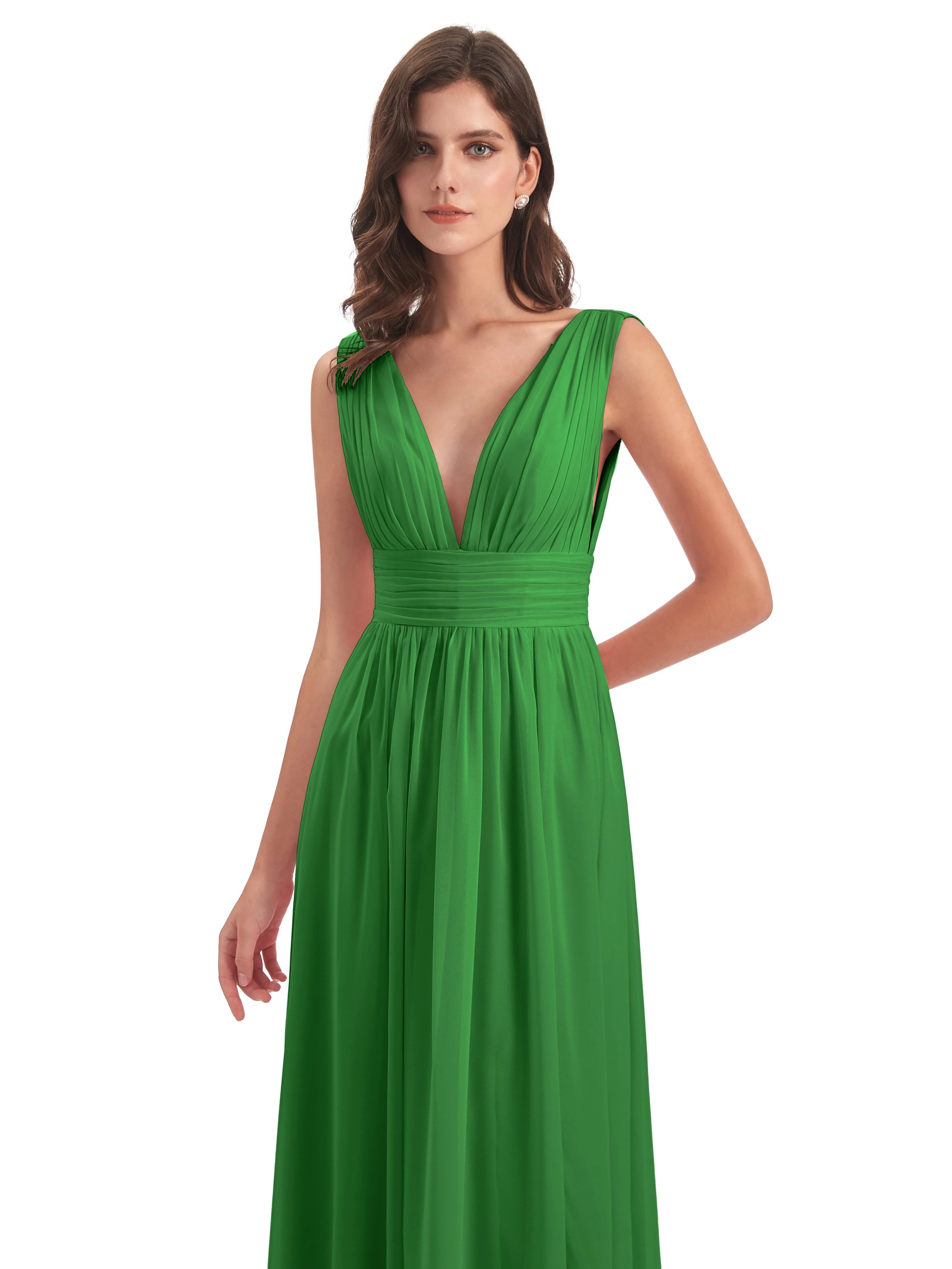 Green Bridesmaid Charming Chiffon V Neck Split Long Bridesmaid Dresses