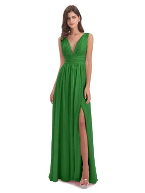 Green Bridesmaid Charming Chiffon V Neck Split Long Bridesmaid Dresses