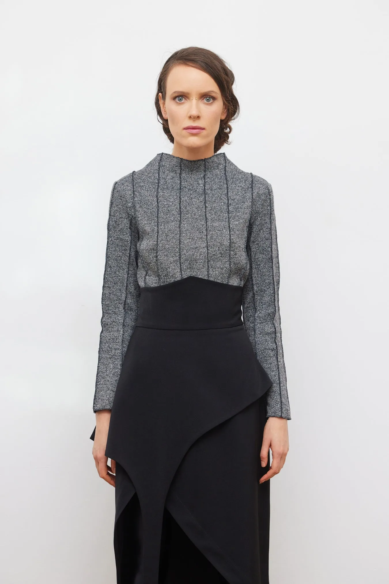 High-Neck Top With Seams Soft Knit Grey