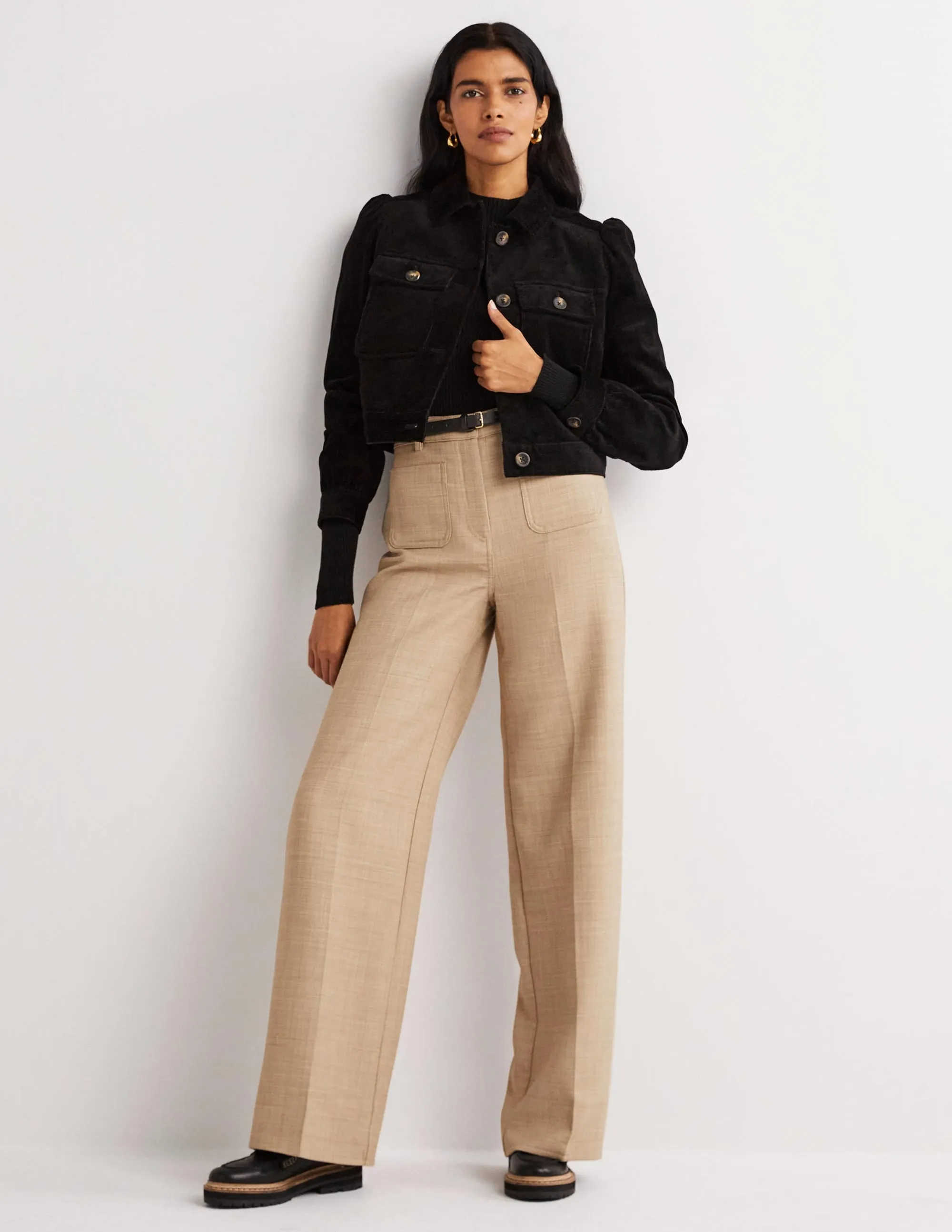 High Rise Wide Leg Trousers-Oatmeal Marl