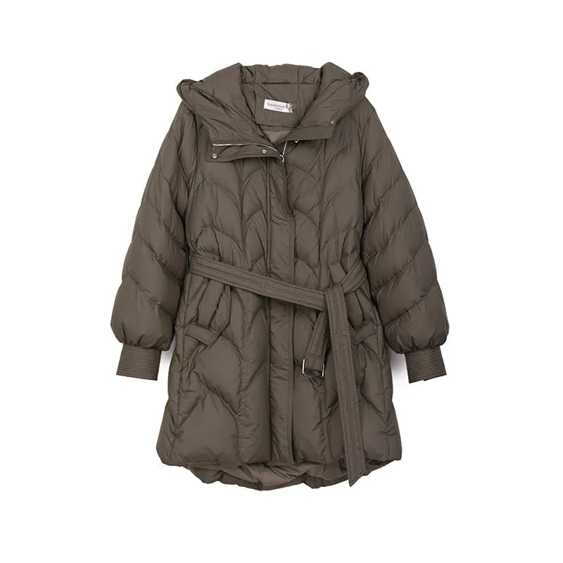 Khaki Gray Mid Length Belted Women Down Jacket