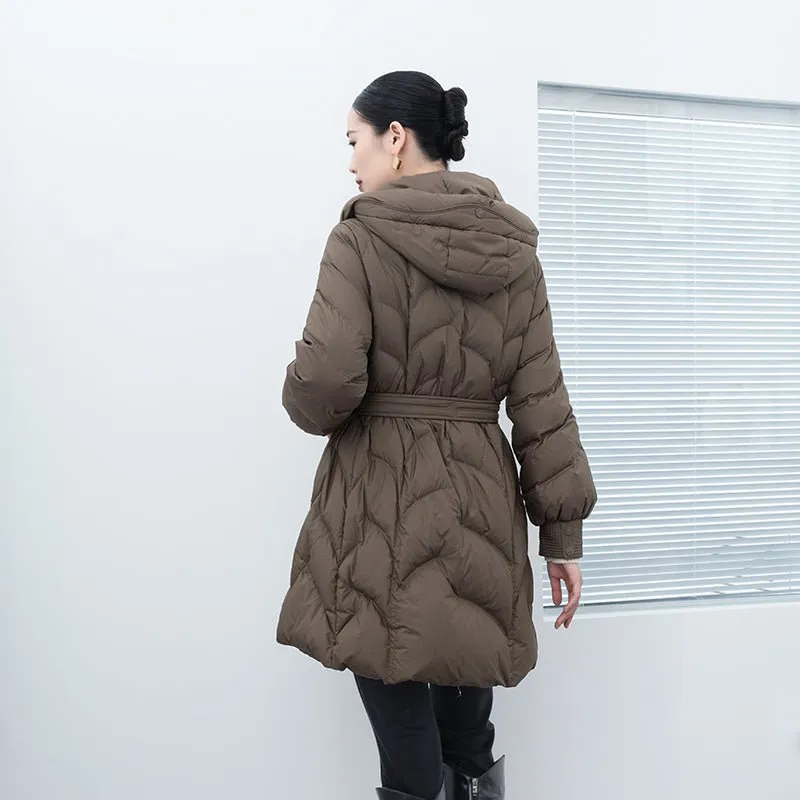 Khaki Gray Mid Length Belted Women Down Jacket