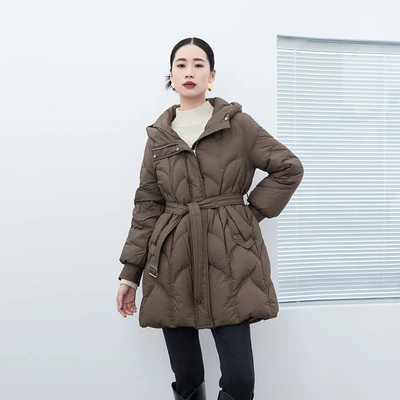 Khaki Gray Mid Length Belted Women Down Jacket