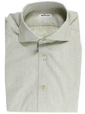 Kiton Dress Shirt White Lime Navy Check Spread Collar 39 - 15 1/2 REDUCED - SALE