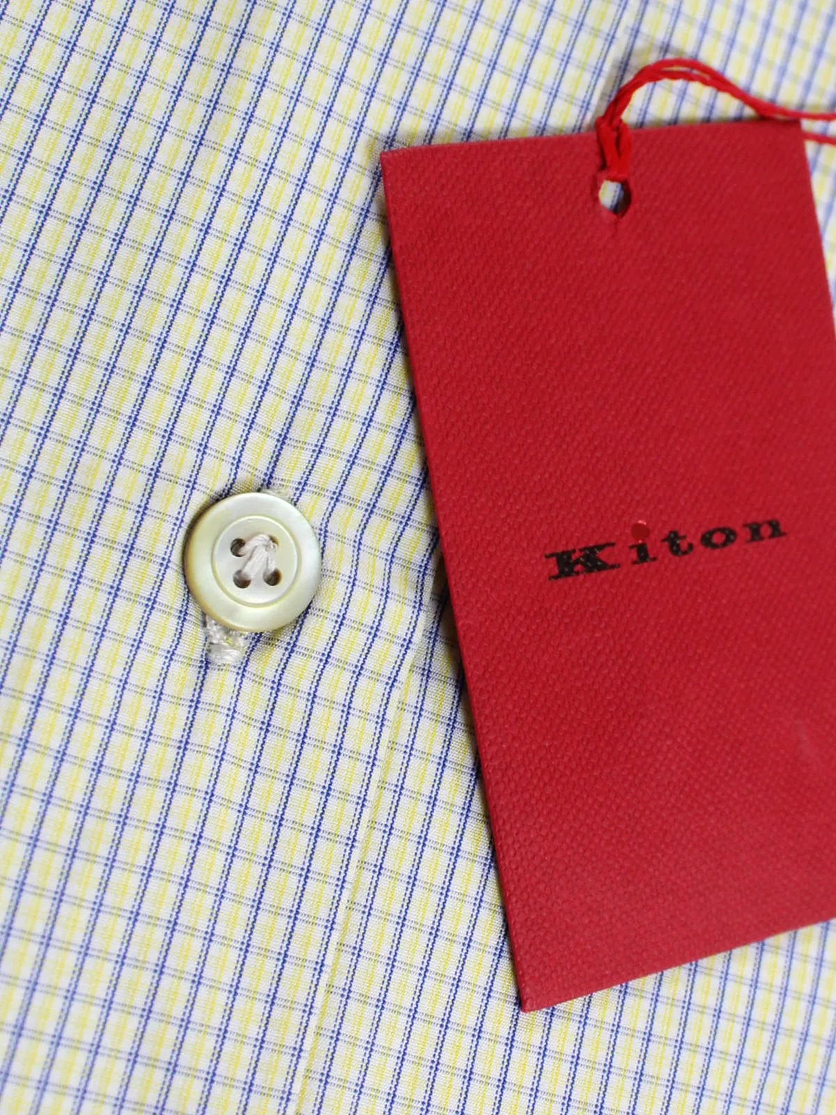 Kiton Dress Shirt White Lime Navy Check Spread Collar 39 - 15 1/2 REDUCED - SALE