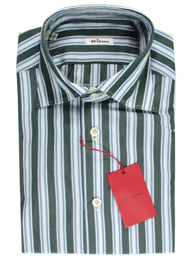 Kiton Shirt White Gray Blue Stripes Sartorial 40 - 15 3/4 BLACK FRIDAY SALE