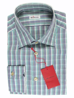 Kiton Shirt White Turquoise Green Navy Check Long Sleeve 39 - 15 1/2 FINAL SALE