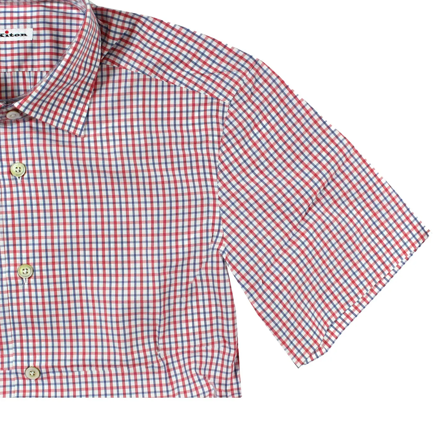 Kiton Short Sleeve Shirt White Red Royal Blue Check 37 - 14 1/2 SALE