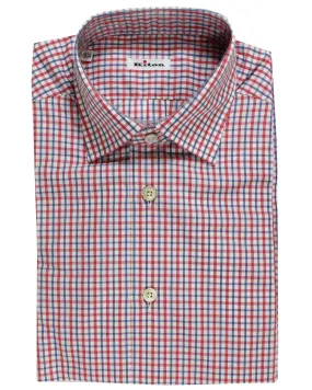 Kiton Short Sleeve Shirt White Red Royal Blue Check 37 - 14 1/2 SALE