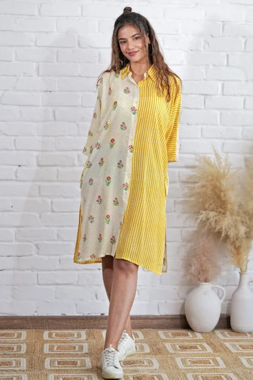 Krissy In Yellow Hand Block Printed Oversize Shirt