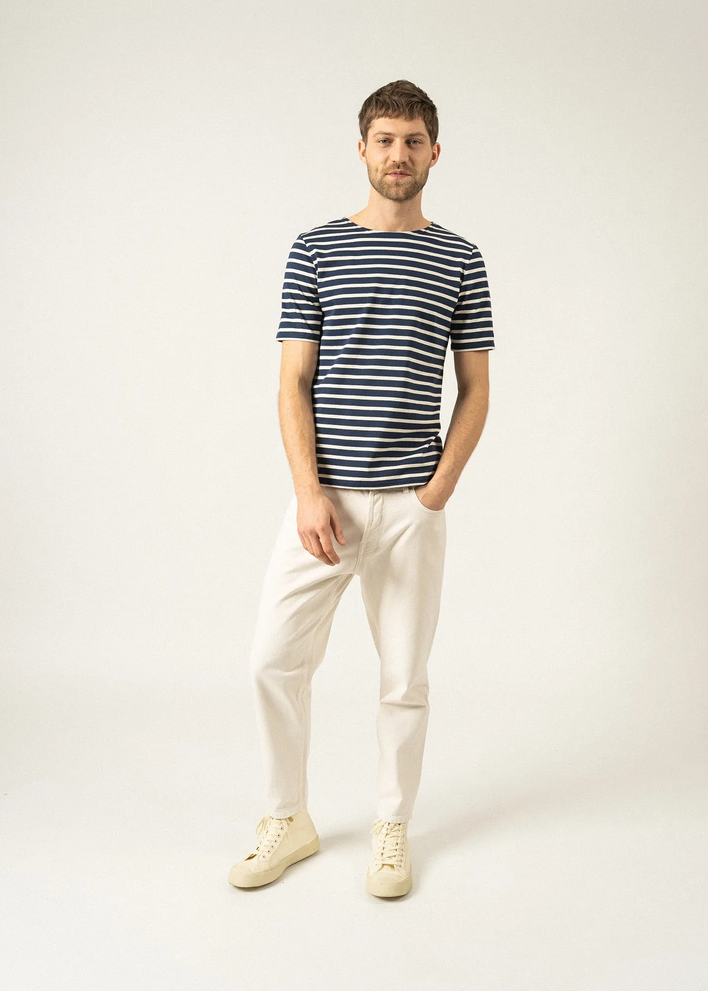 LEVANT MODERN - Breton Stripe Short Sleeve Shirt | Soft Cotton | Unisex Fit (NAVY / ECRU)