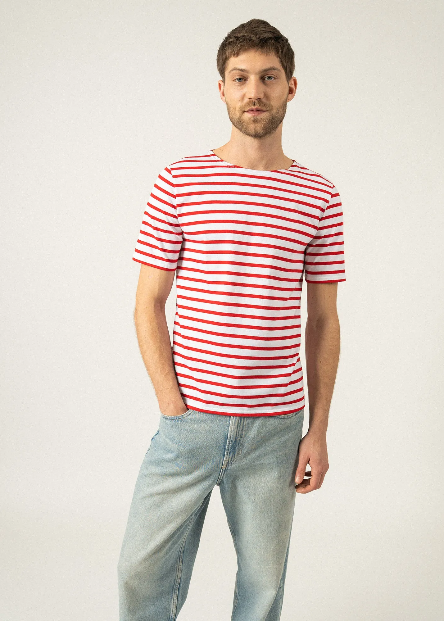 LEVANT MODERN - Breton Stripe Short Sleeve Shirt | Soft Cotton | Unisex Fit (WHITE / RED)