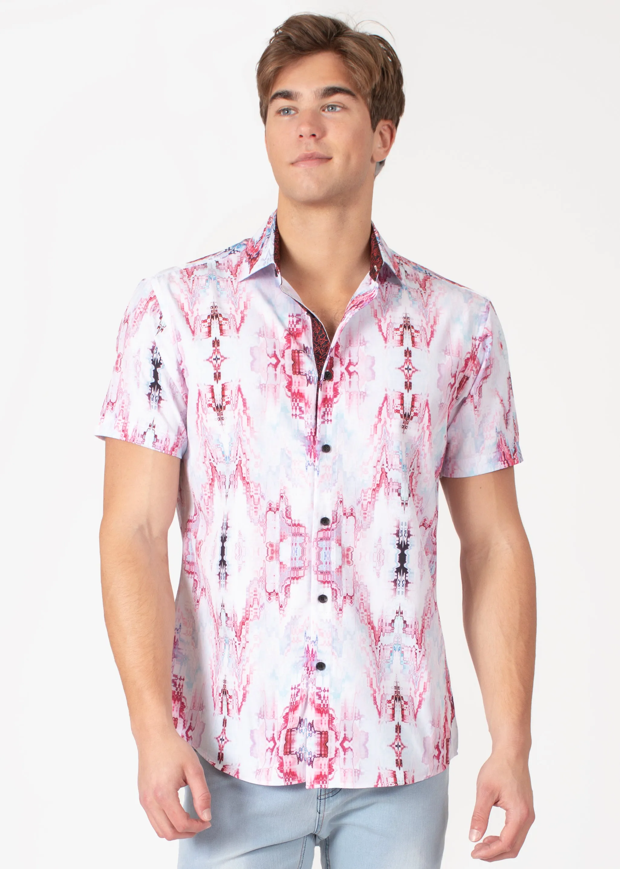 Light Fractal Button Up Short Sleeve Dress Shirt