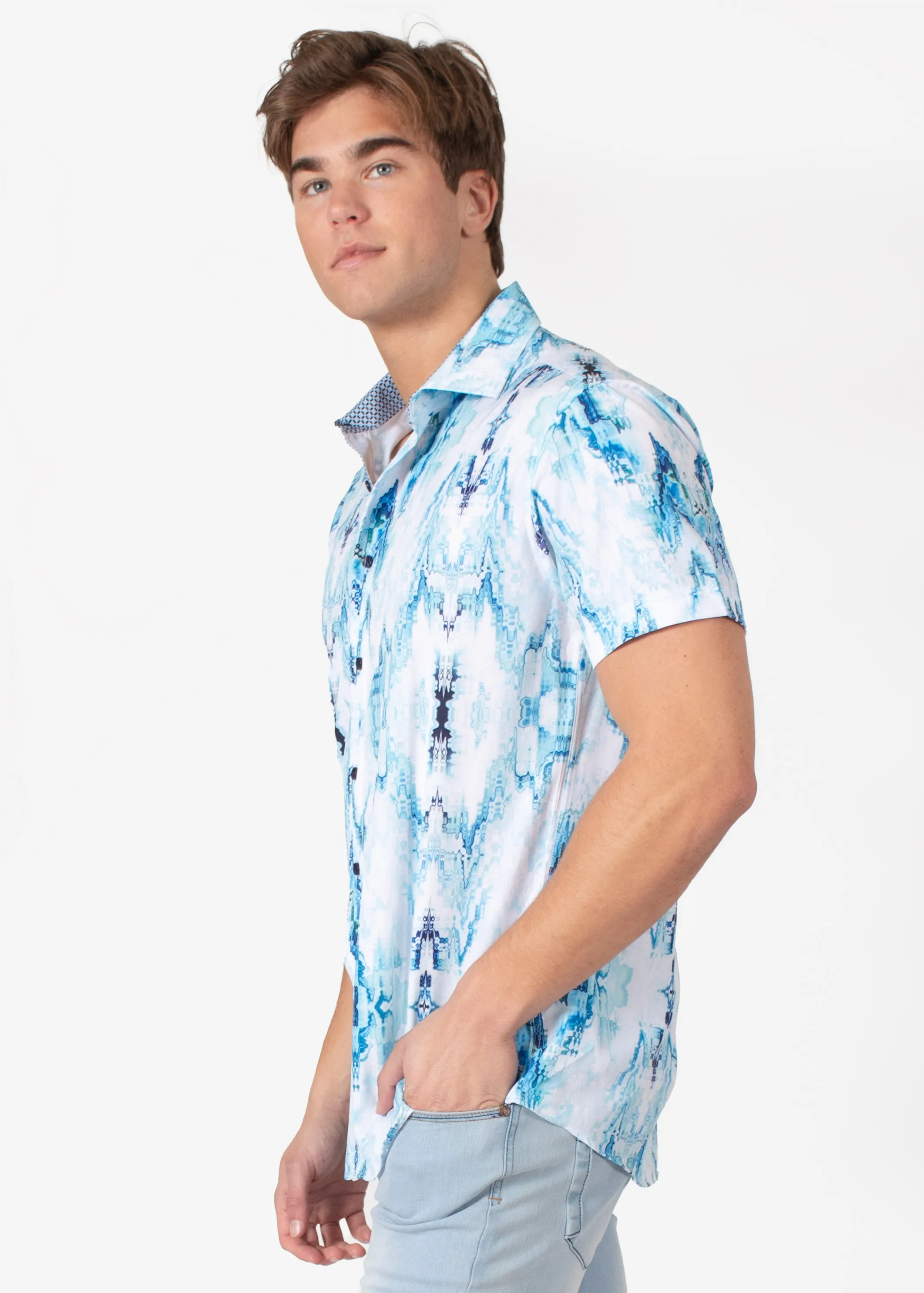 Light Fractal Button Up Short Sleeve Dress Shirt