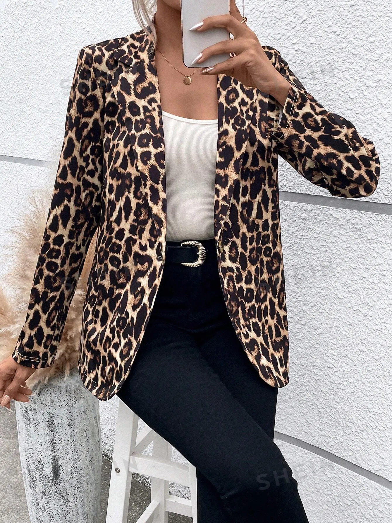 LUNE Leopard Print Lapel Collar Blazer