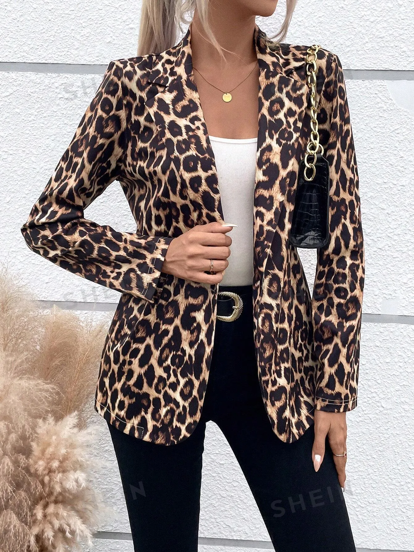 LUNE Leopard Print Lapel Collar Blazer