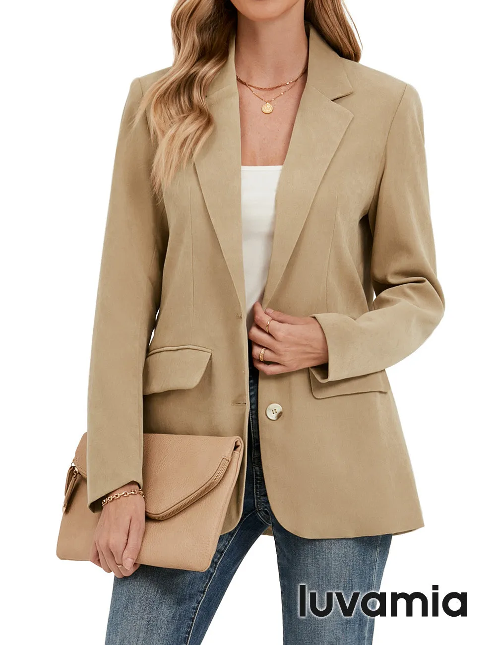 luvamia Blazers for Women Business Casual Twill Long Blazers Suit Jackets Dressy Office Work Professional Coat Loose Fit