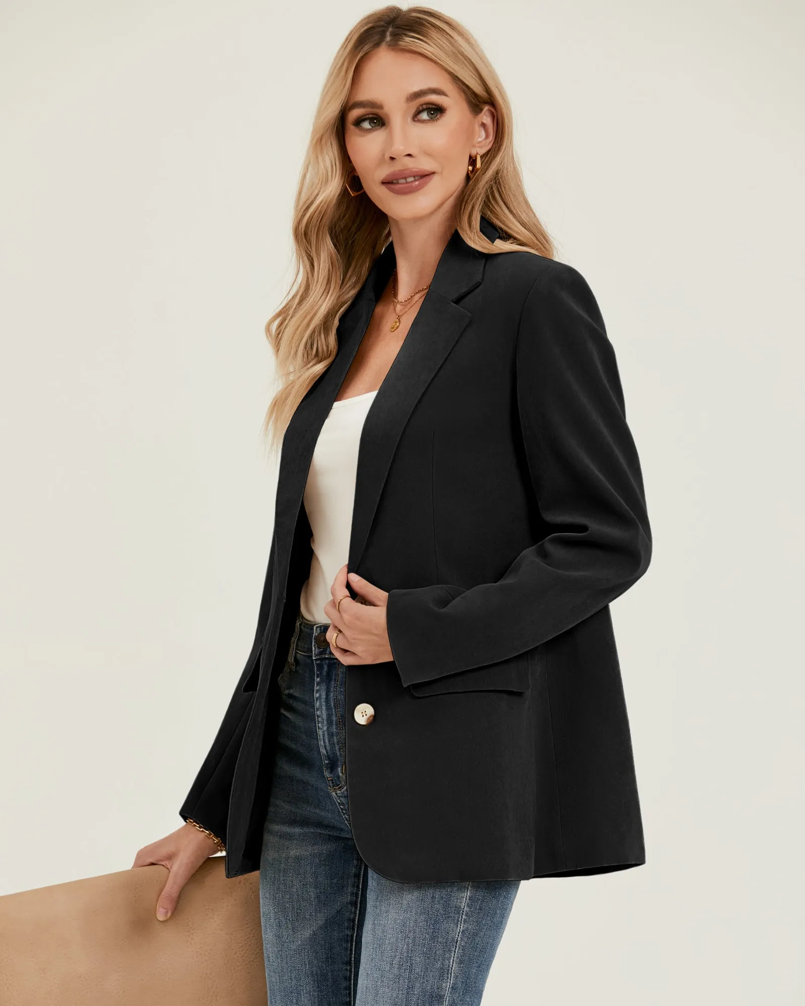 luvamia Blazers for Women Business Casual Twill Long Blazers Suit Jackets Dressy Office Work Professional Coat Loose Fit