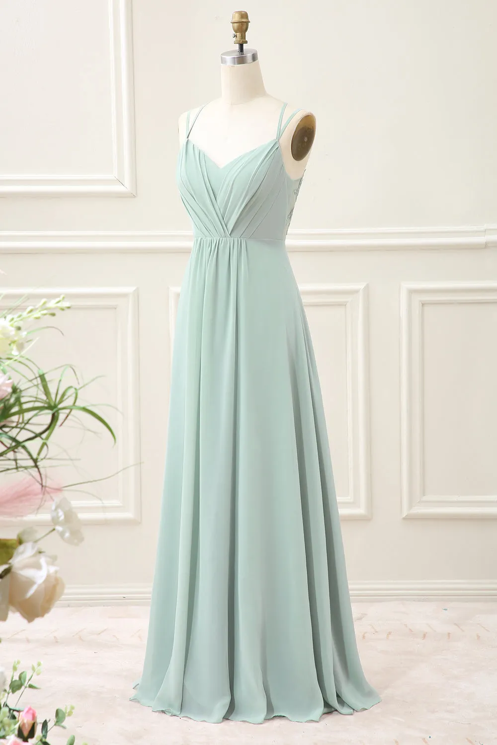 Matcha A-Line Spaghetti Straps Backless Pleated Maxi Dress