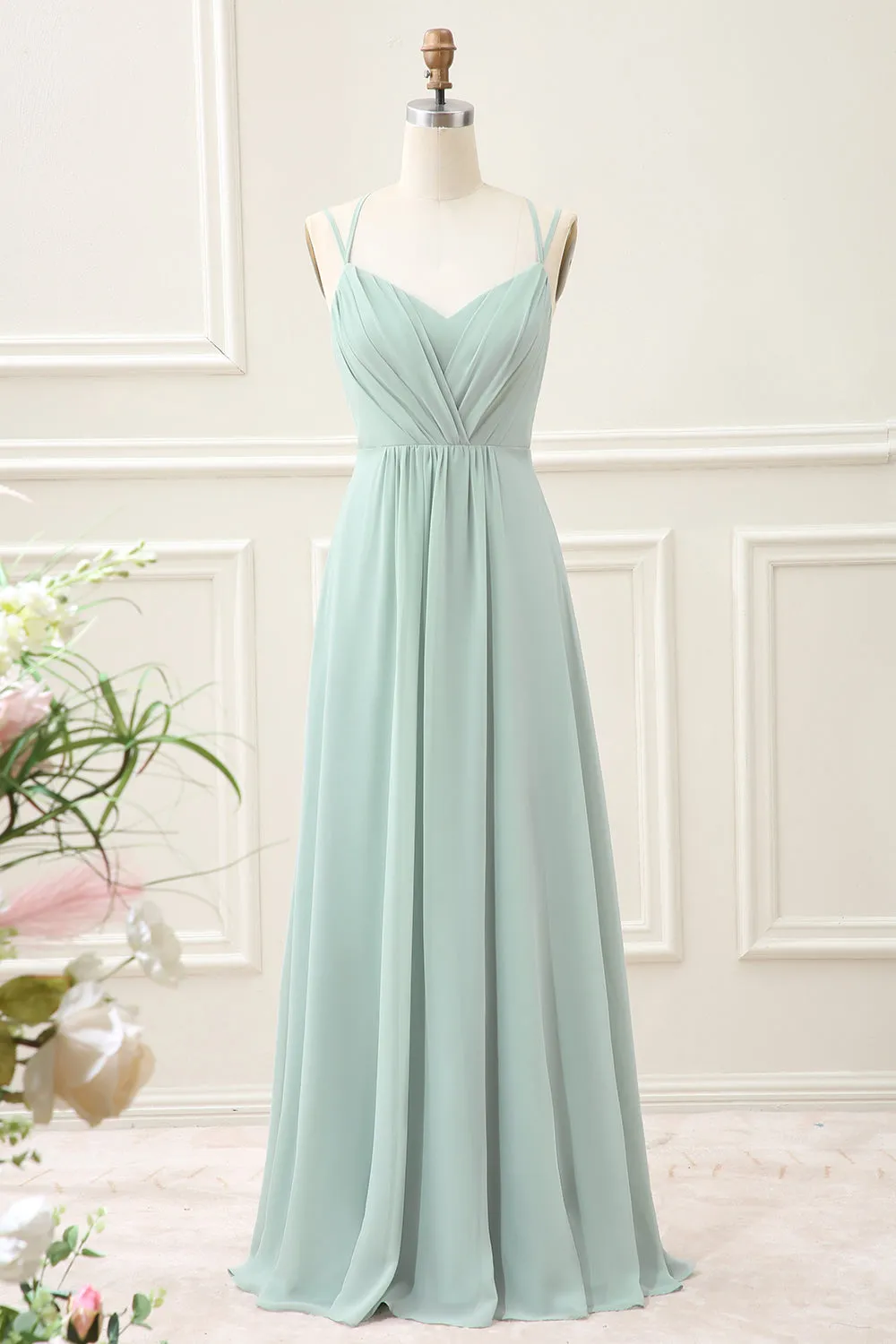 Matcha A-Line Spaghetti Straps Backless Pleated Maxi Dress