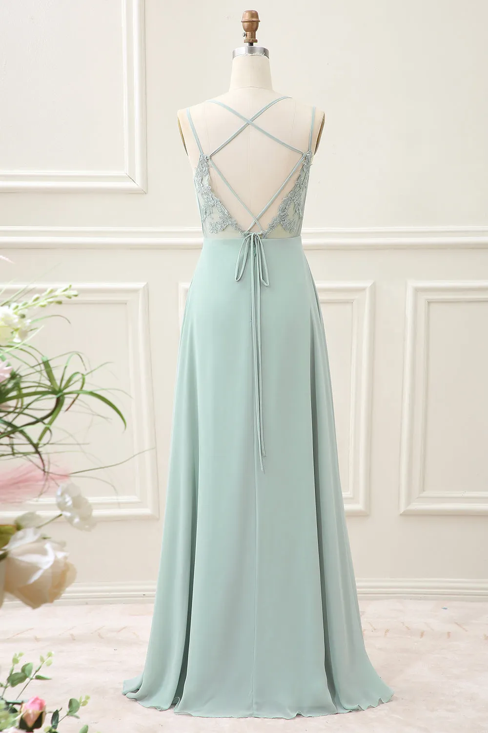 Matcha A-Line Spaghetti Straps Backless Pleated Maxi Dress