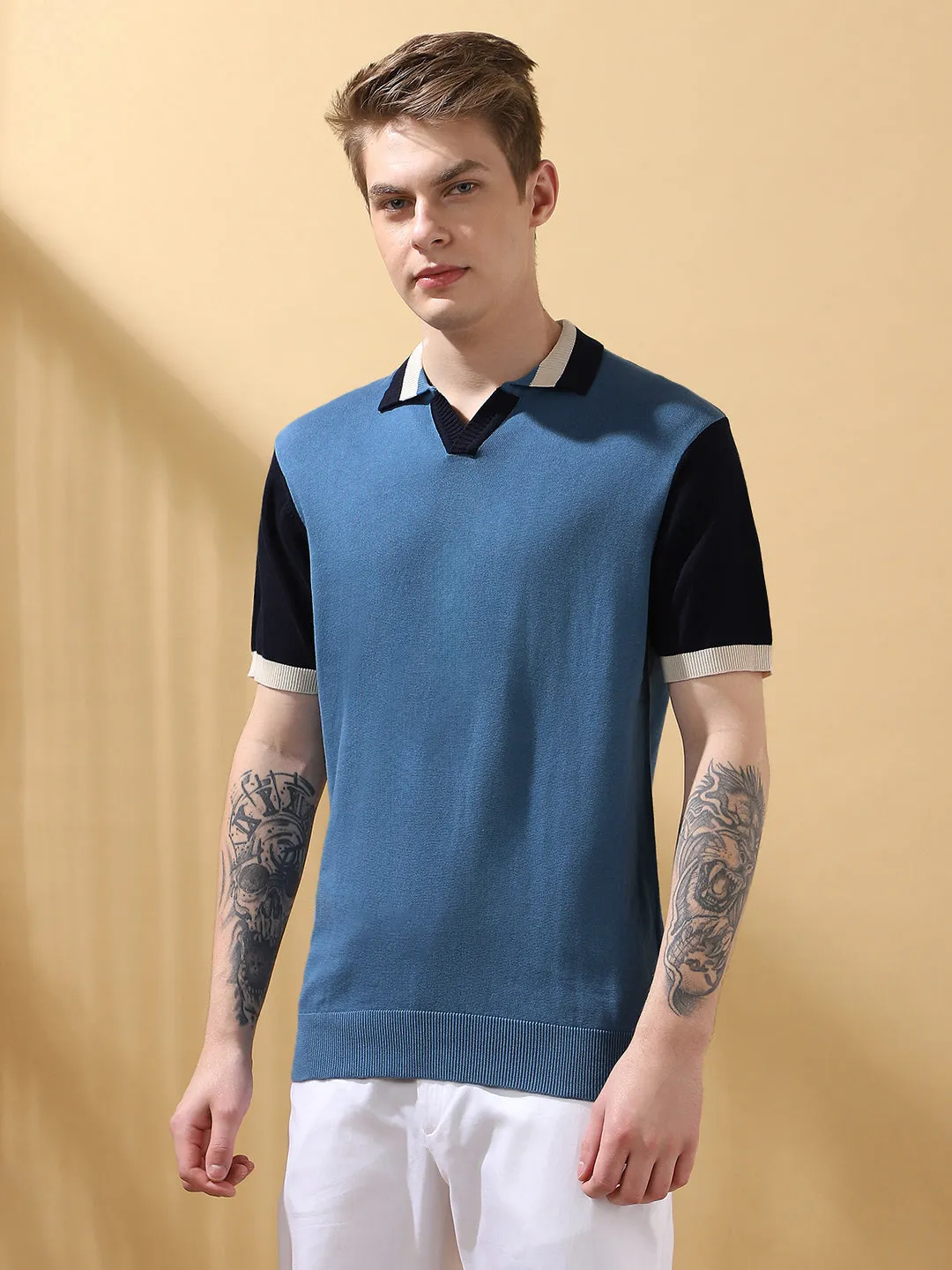 Men's Blue Colorblocked Spread Collar Half Sleeves T-shirt