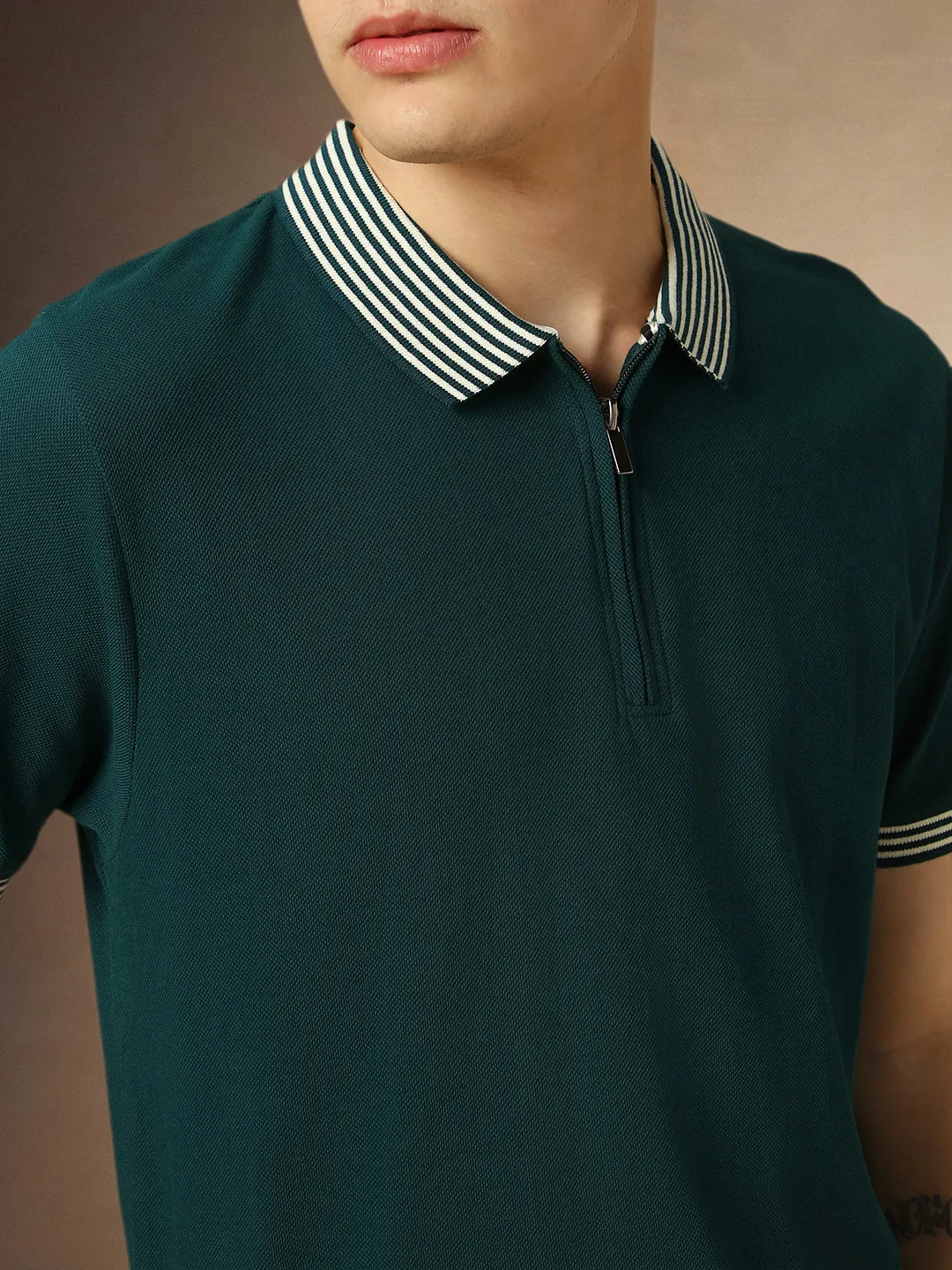 Men's Deep Teal Solid Polo Collar Half Sleeves Regular Fit T-Shirt