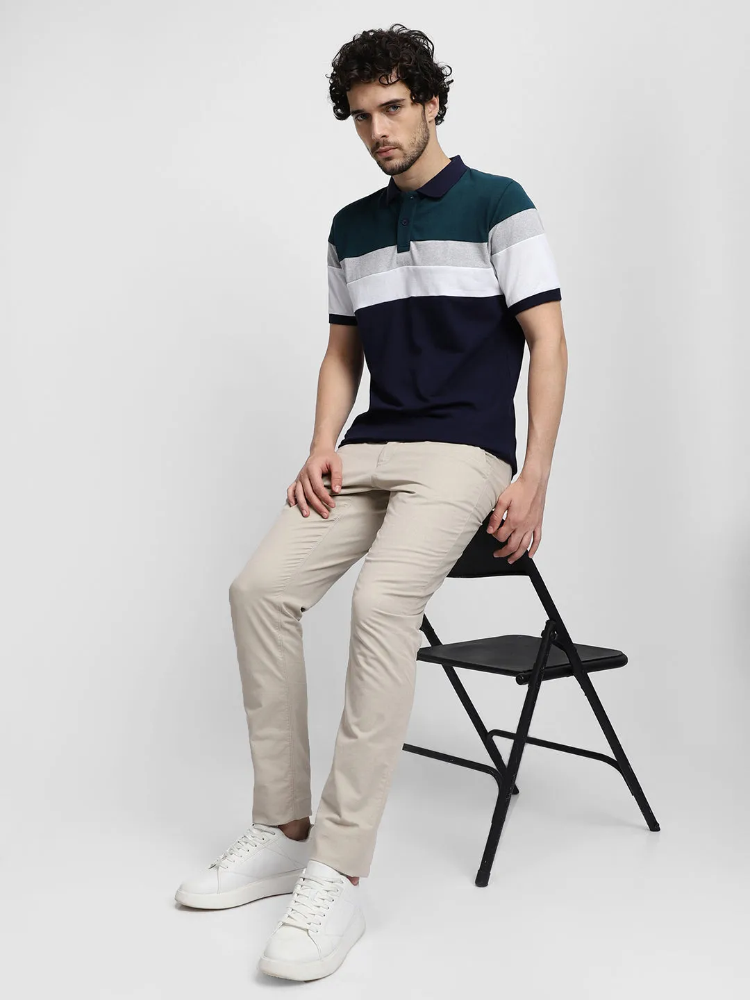 Men's Green Striped Polo Collar T-shirt