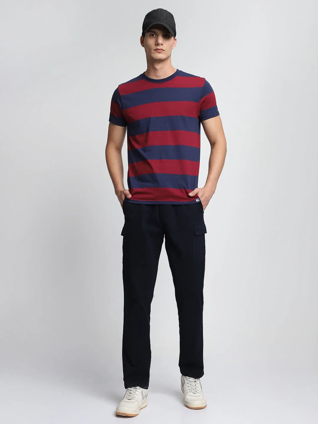 Men's Maroon Striped Crew Neck T-shirt