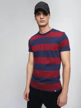 Men's Maroon Striped Crew Neck T-shirt