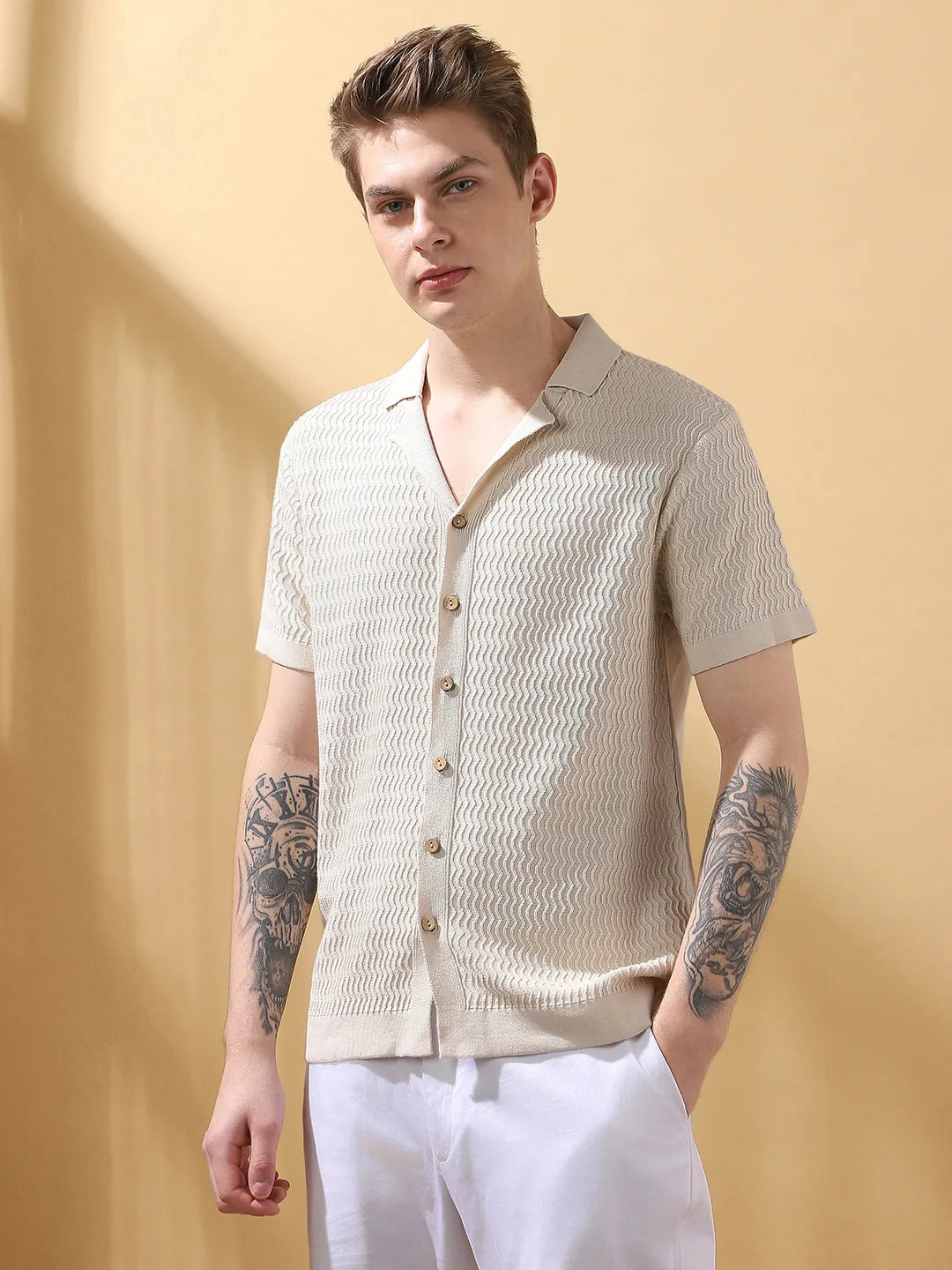 Men's Offwhite Cuban Collar Half Sleeves Knitted T-shirt