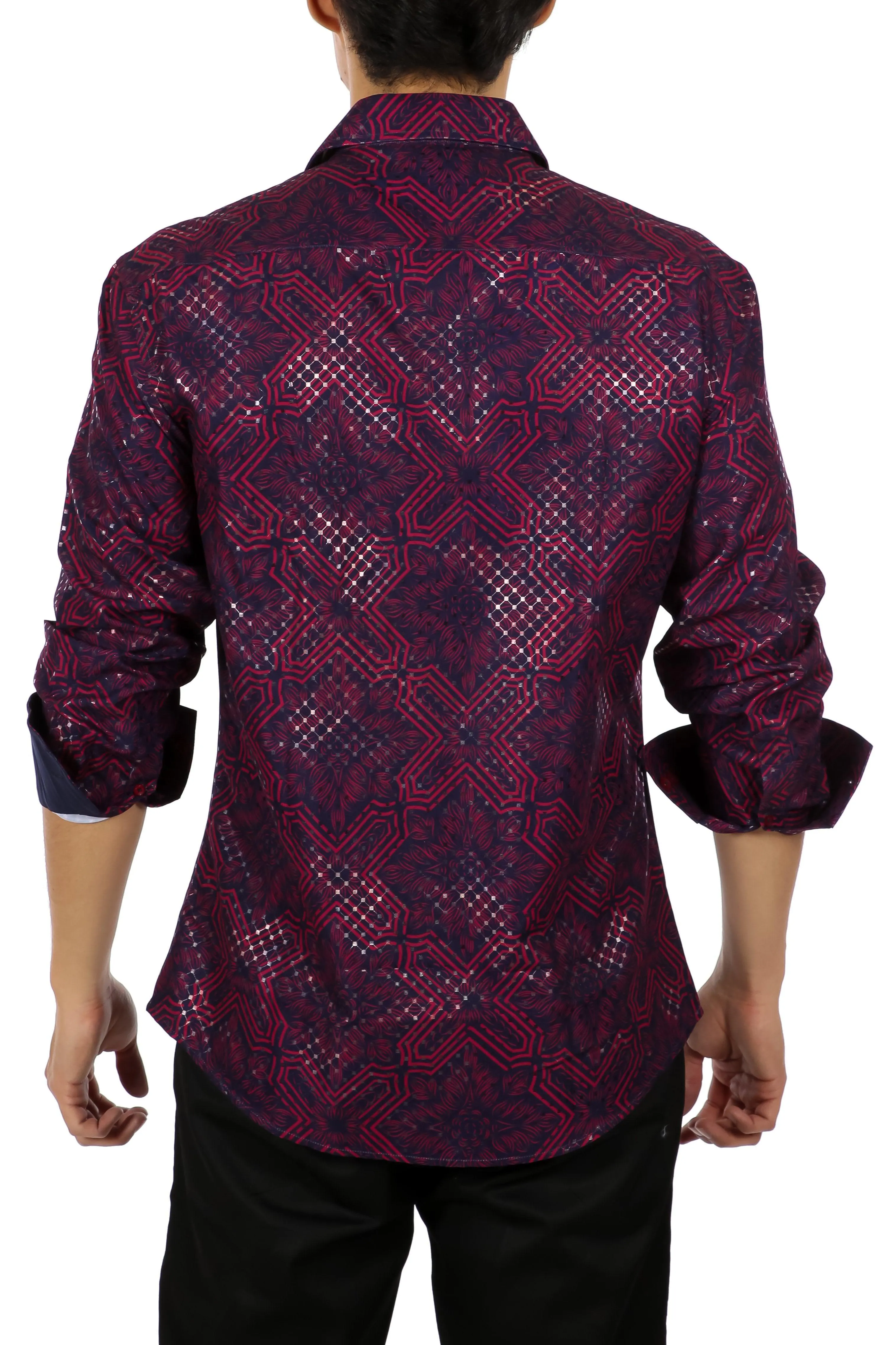 Men's Printed Purple Button Up Long Sleeve Dress Shirt