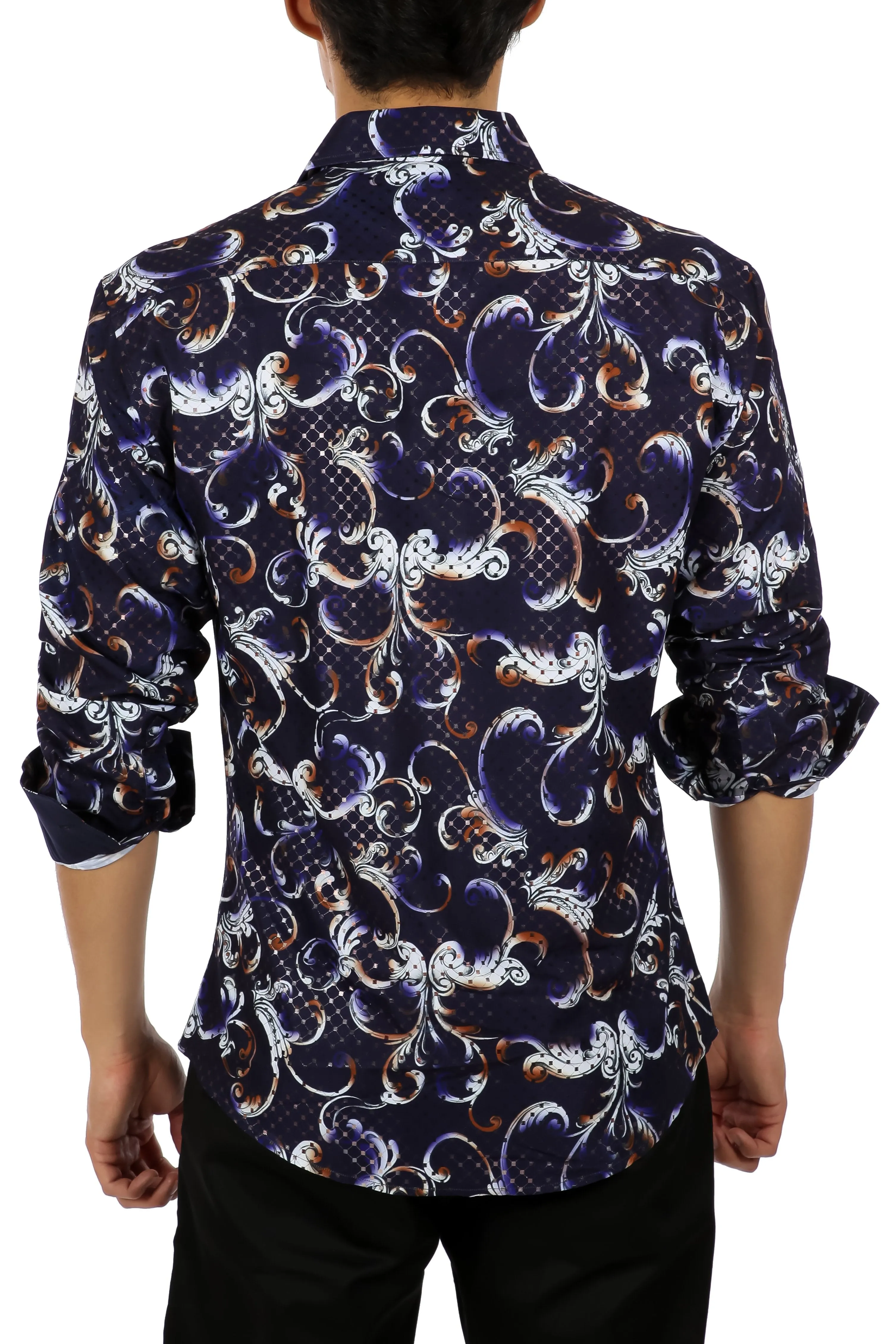 Men's Purple Baroque Pattern Button Up Long Sleeve Dress Shirt