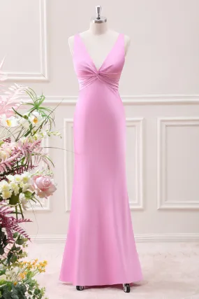 Mermaid Pink V Neck Satin Maxi Dress