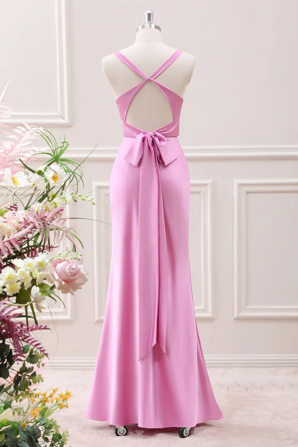 Mermaid Pink V Neck Satin Maxi Dress